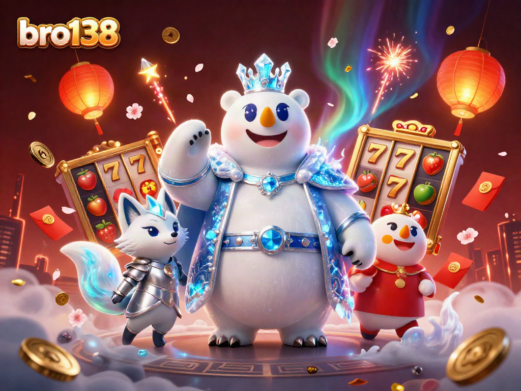 Engage in thrilling gaming at bro138 with a vibrant 3D casino illustration featuring character elements and slot games.