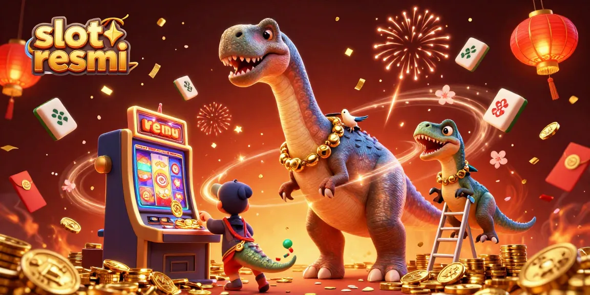 Gambarkan permainan slot resmi dengan brontosaurus raksasa dan raptor dengan kartu di kasino.