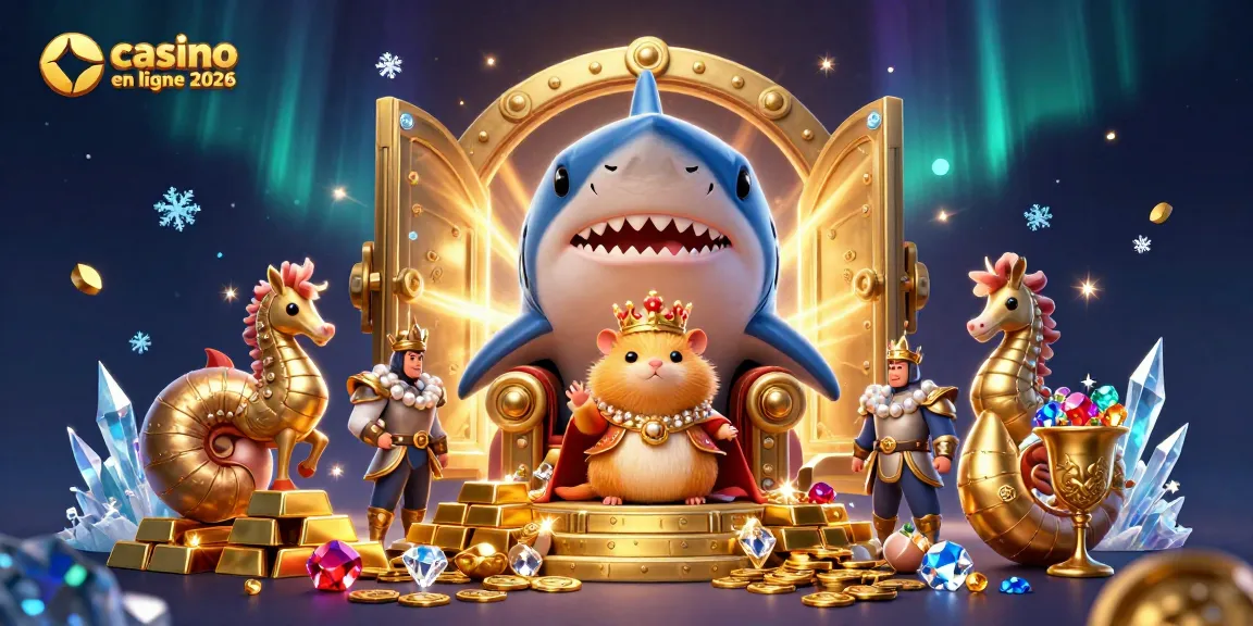 Illustrez le monde du casino en ligne 2026 avec un roi hamsters doré et des gardes séahorse.