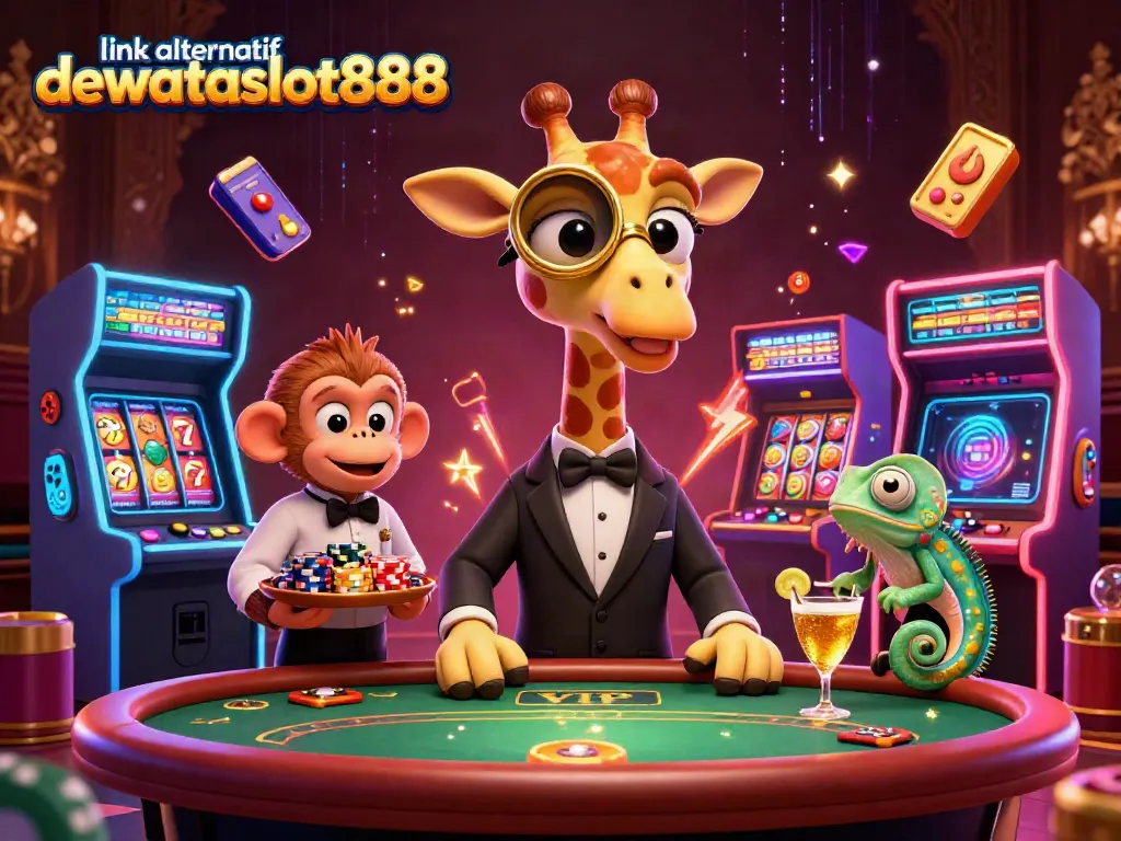 Membagikan link alternatif dewataslot888 sambil bermain slot di kasino, dengan suasana meriah dan karakter menarik.