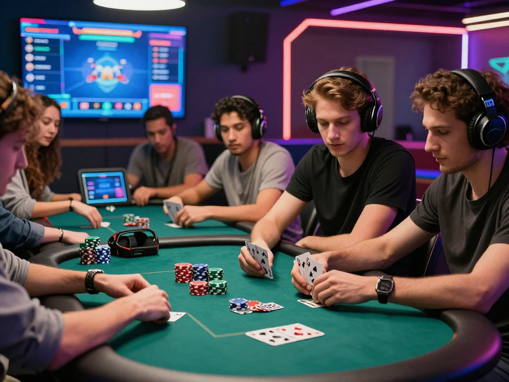 Friends enjoying an engaging Poker88 game in a lively online gaming lounge.