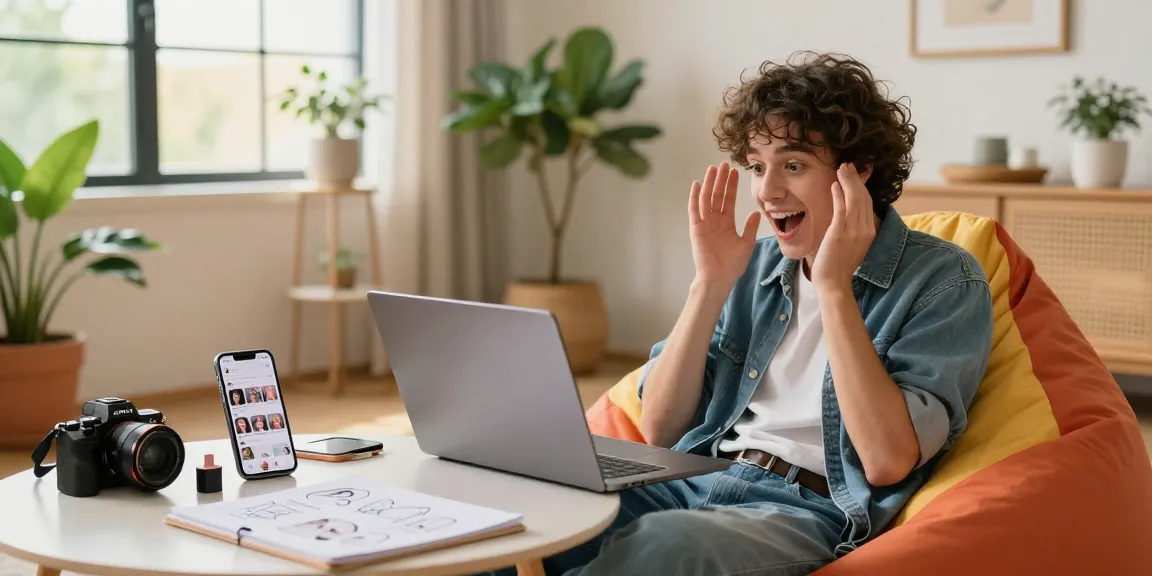 Engaged person taking the attractive test on a laptop in a modern, cozy living room.