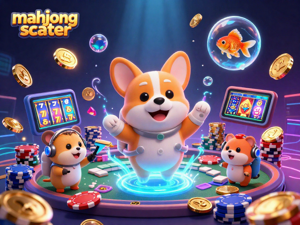 Experience mahjong scatter in a dynamic casino scene with floating characters and vibrant game elements.