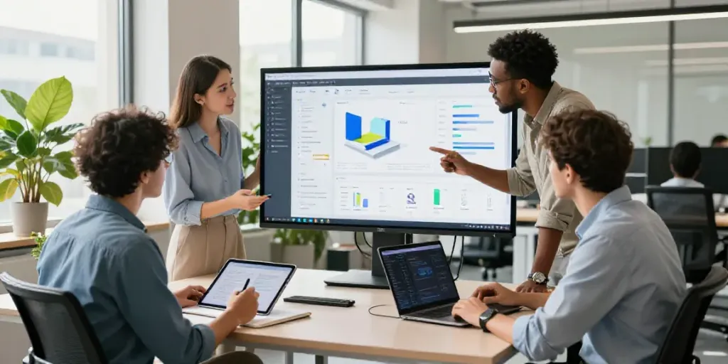 Team collaborating on AI generated product features in a modern office setting.