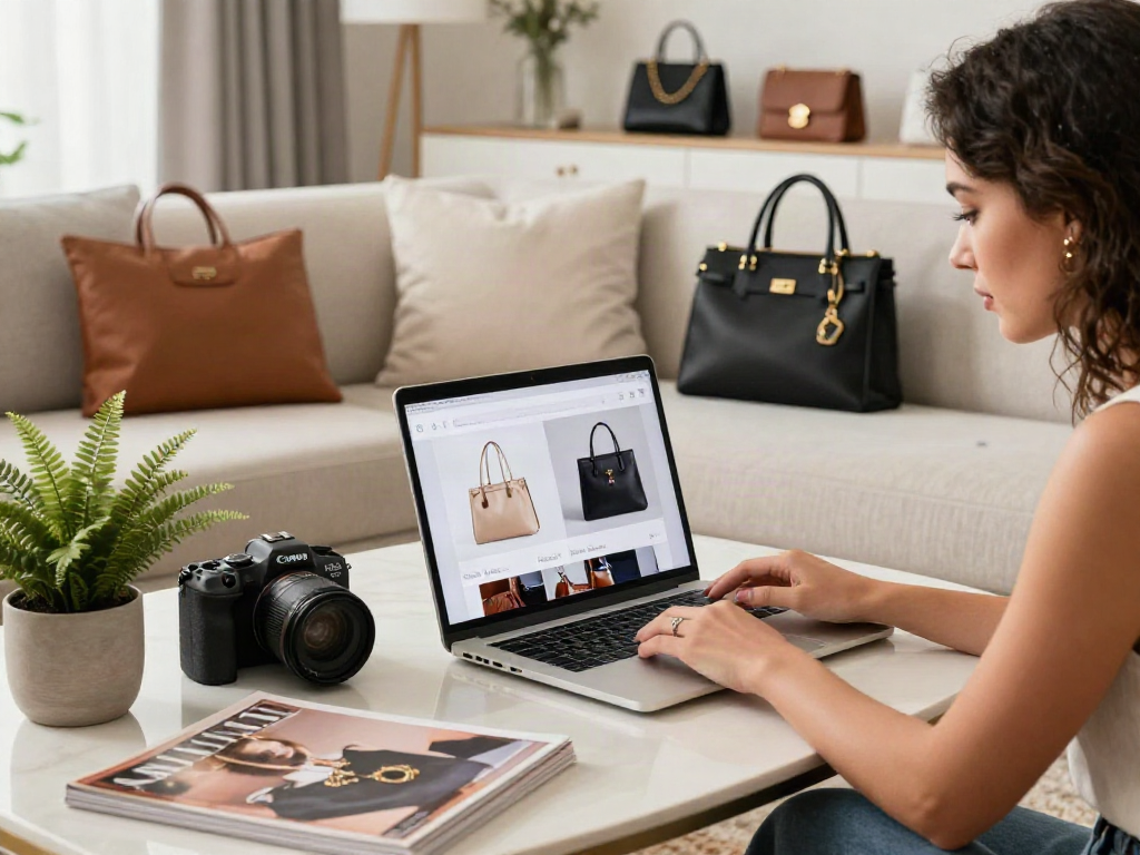 LUXURY111 - Wanita berbelanja aksesori mewah di ruang tamu modern yang elegan.