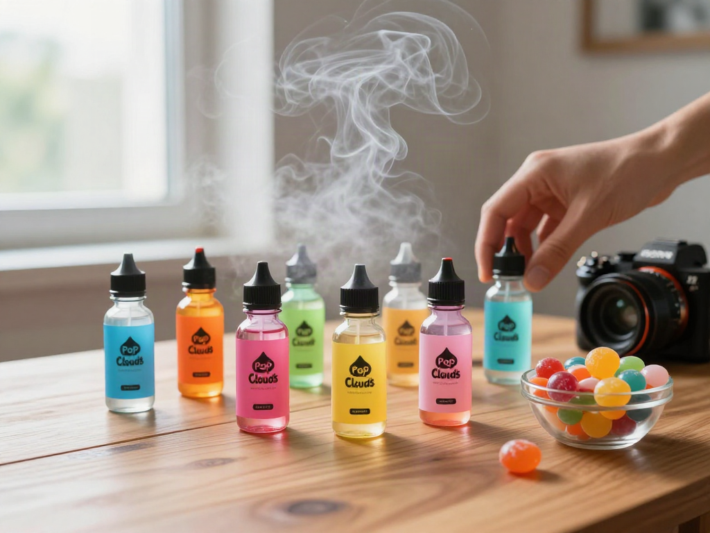Pop Clouds E-Liquid bottles with colorful candy bowl on wooden table