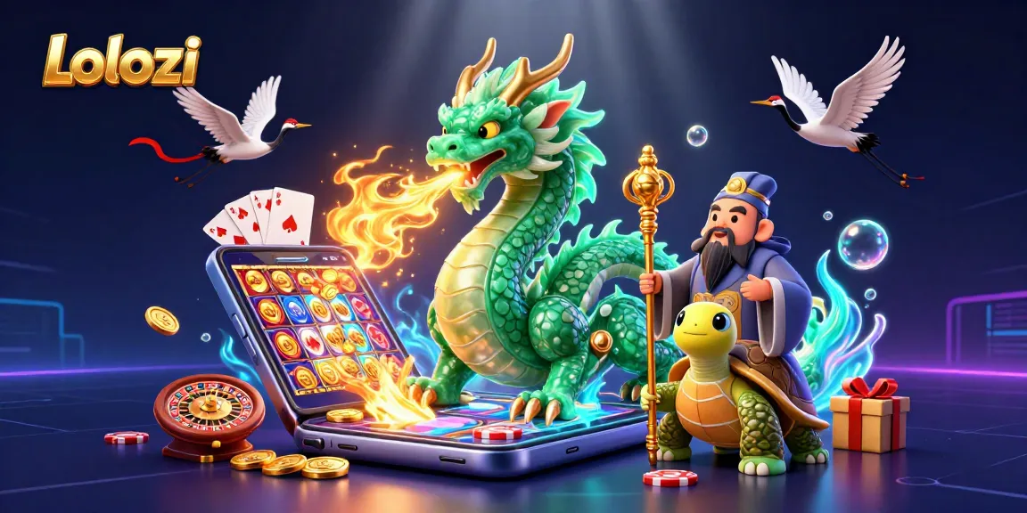 Lolozi engages players with a vibrant illustration of a dragon and sage amidst spinning slot games, enhancing gaming excitement.