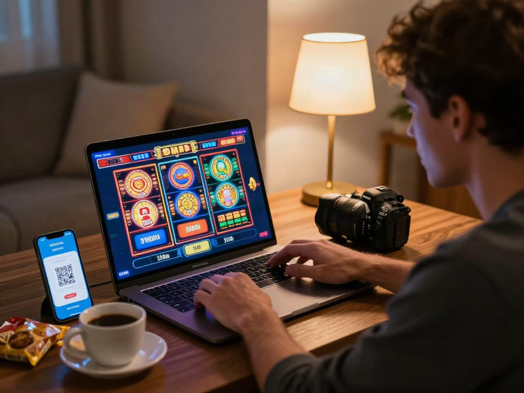 Engaging player using slot deposit qris on a laptop in a cozy home setting.