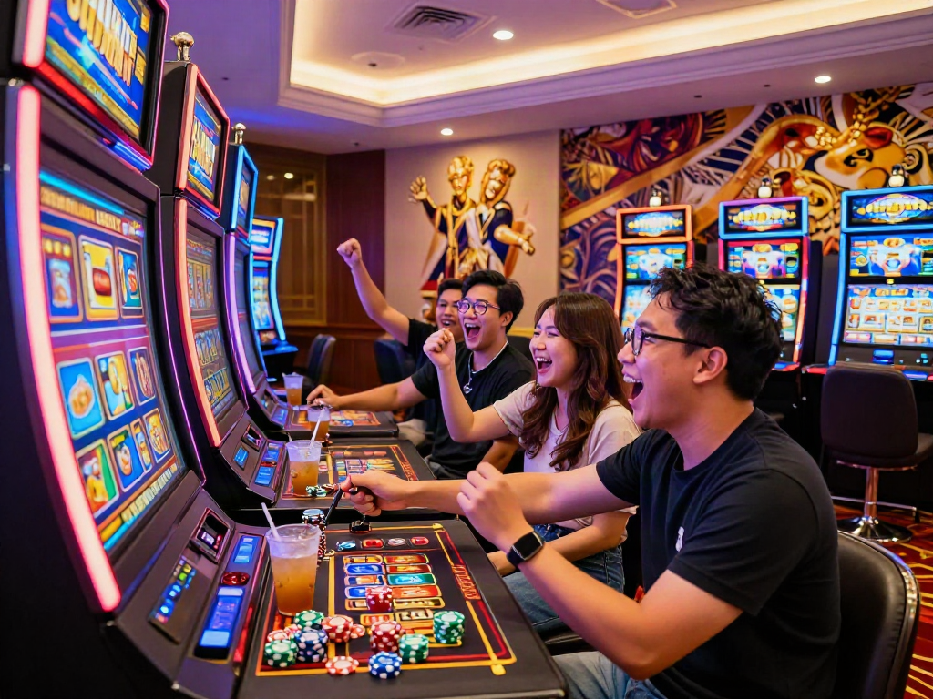 Friends enjoying a fun night playing slot gacor terbaru at a modern casino.