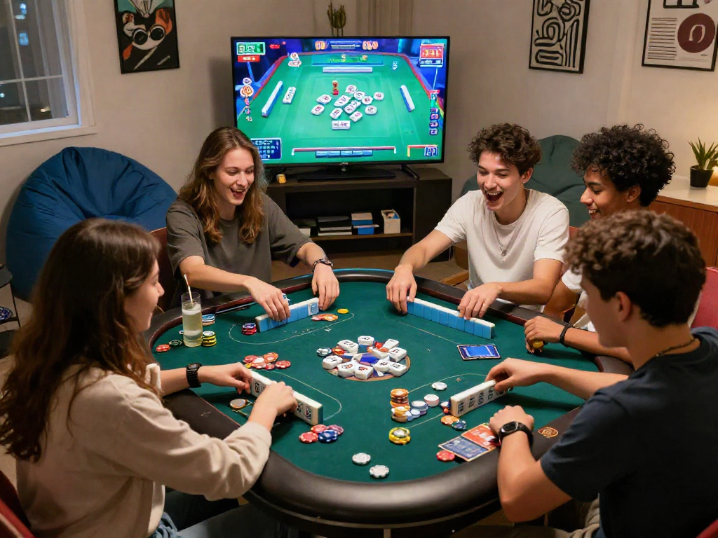 Experience MAHJONGJP88 dan permainan online with friends in an exciting home gaming setup.