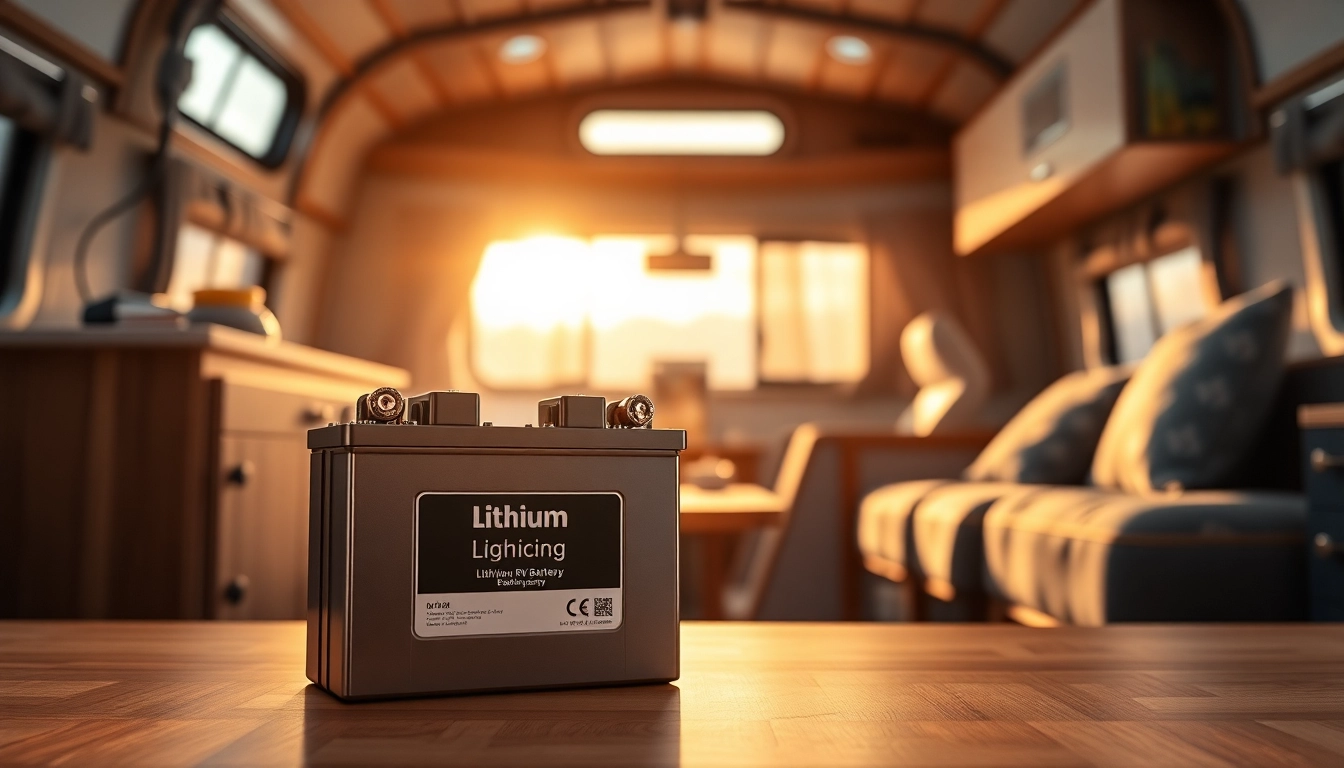Showcase of lithium RV batteries powering a modern camper with sleek designs and vibrant ambiance.