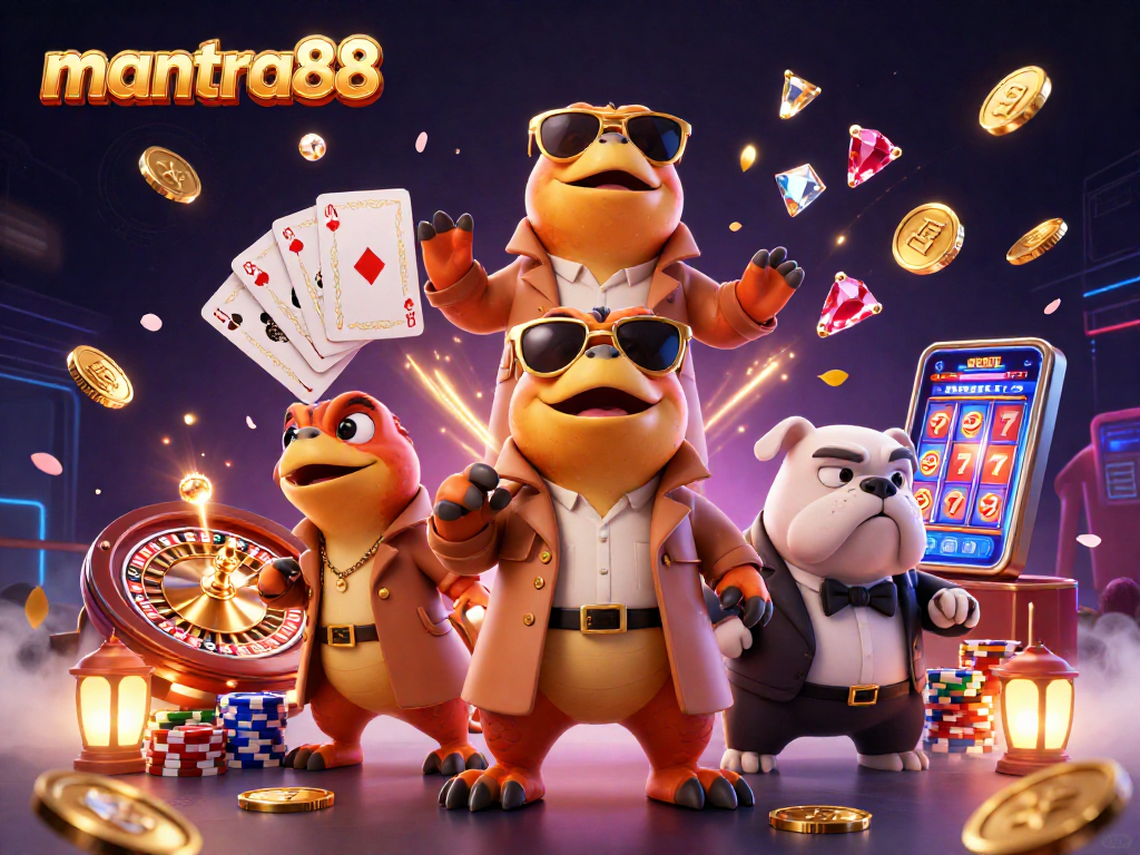 Explore winning strategies with mantra88 in a vibrant casino scene, featuring dazzling coins and game elements.