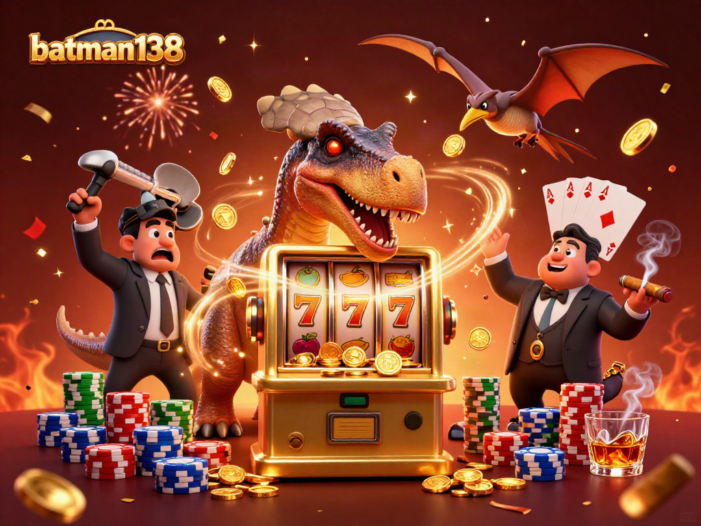 Watch batman138 unleash a jackpot with a pachycephalosaurus in this vibrant casino scene!