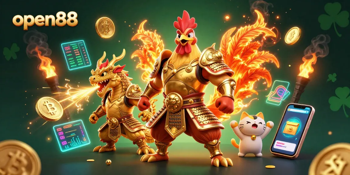 Engage in exciting gameplay with open88's dynamic rooster warrior and dragon in a crypto gaming adventure.