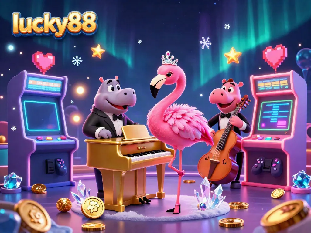 Engage in thrilling games at lucky88, a vibrant casino scene with animated characters and arcade elements.