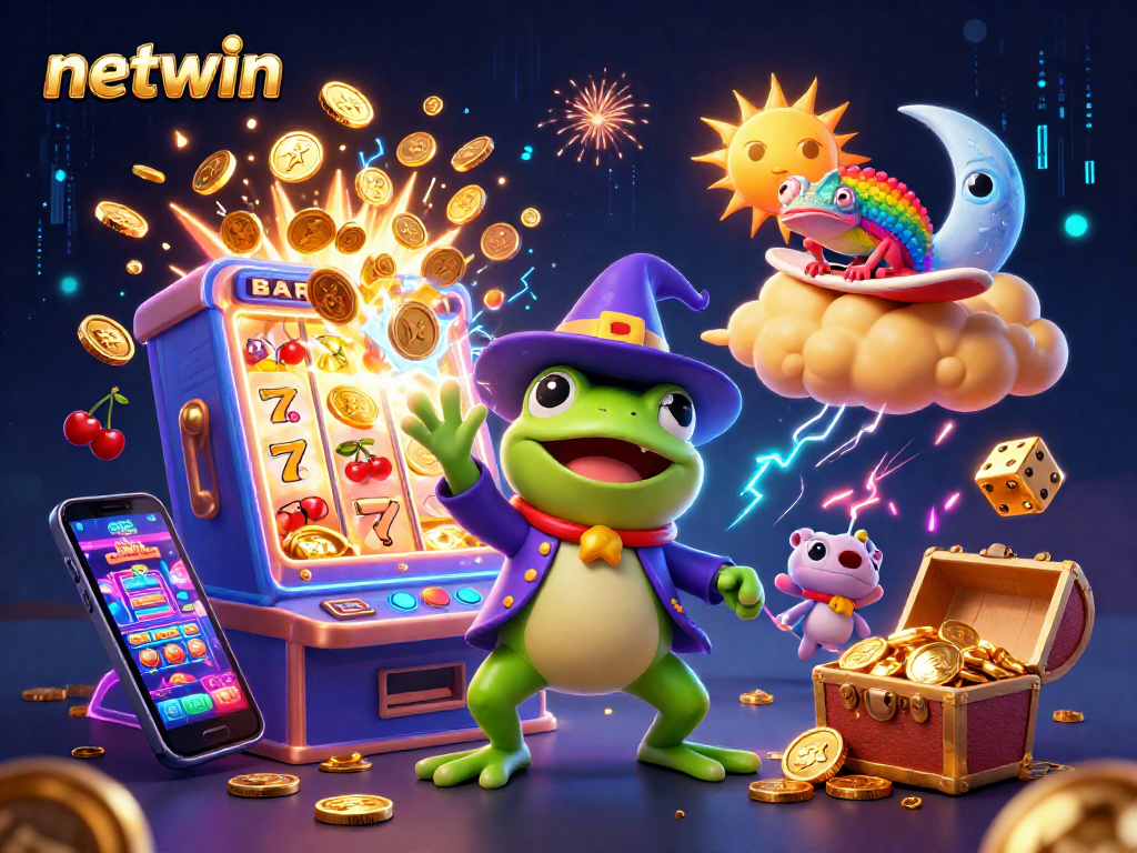 Experience the thrill of netwin with a vibrant 3D cartoon scene of gaming magic and golden jackpots.
