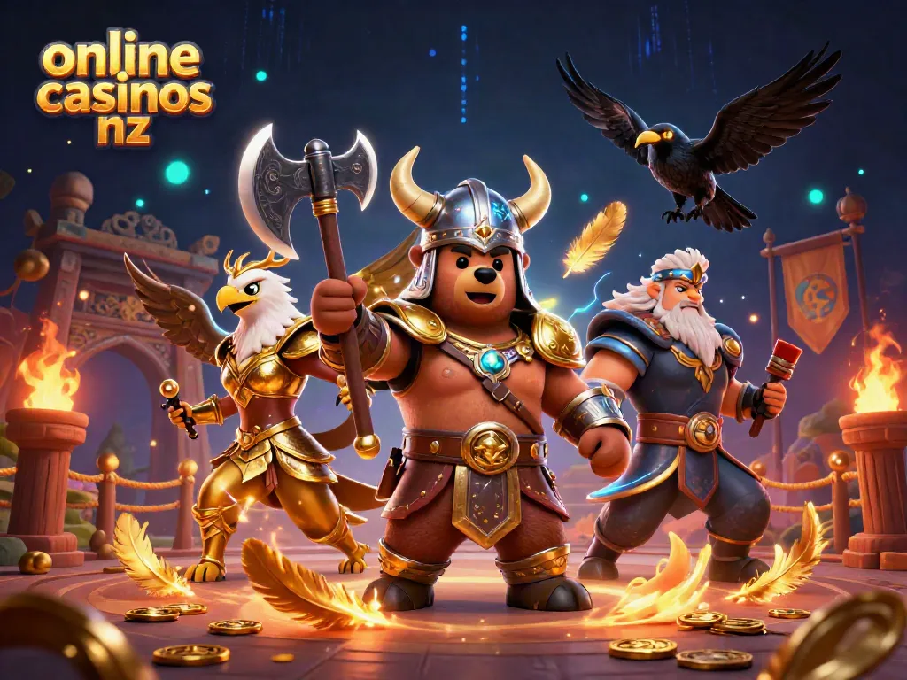 Engage in online casinos nz with an electrifying scene featuring Viking characters amidst dynamic gaming elements