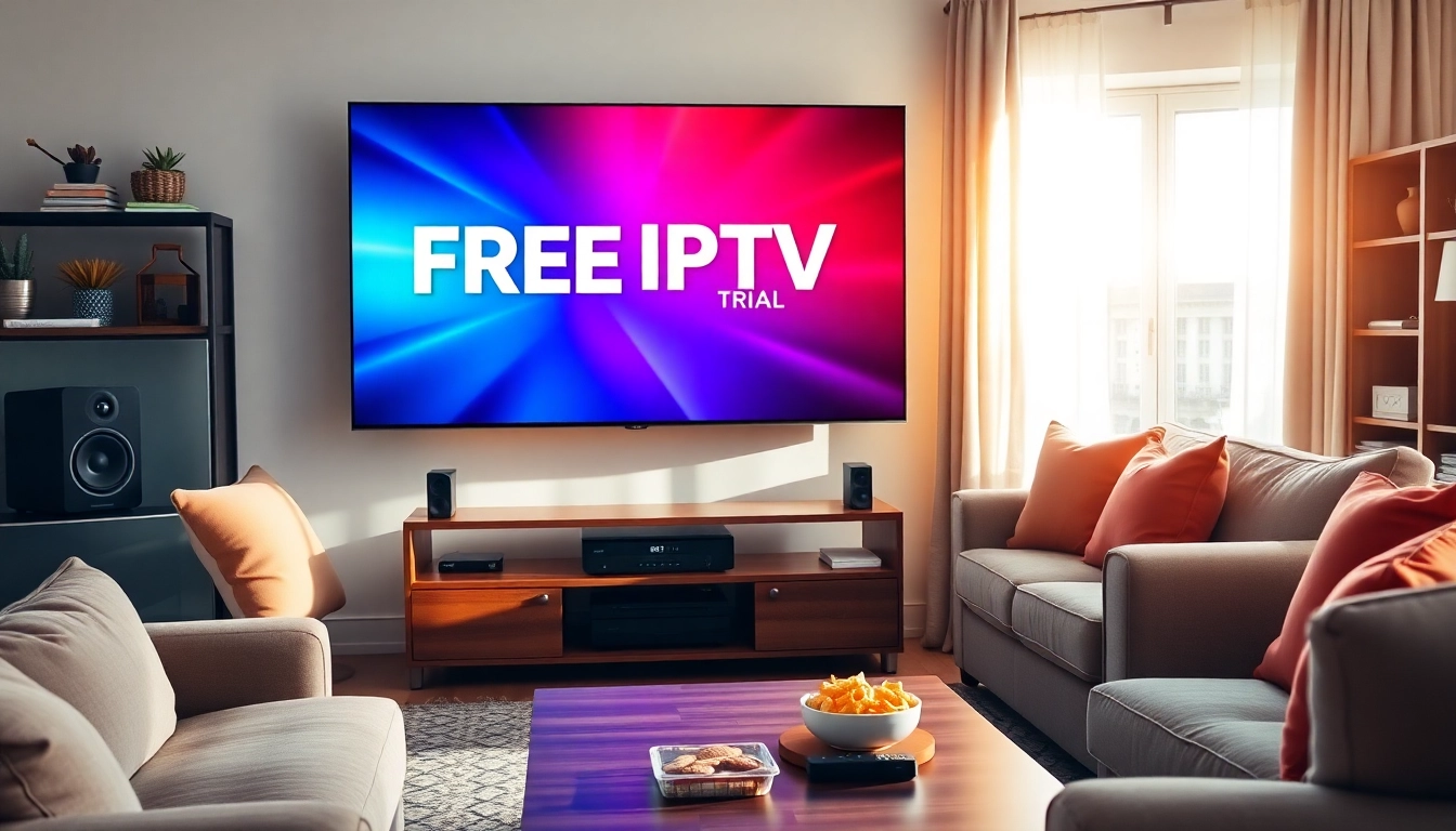 Promote FREE IPTV Trial with a modern home entertainment system featuring a vibrant TV and cozy setting.