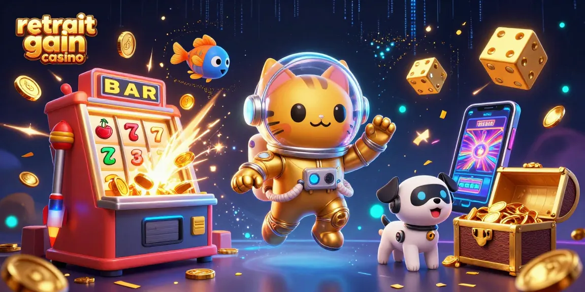 Retrait gain casino : un chat astronaute jouant des machines à sous dans une illustration animée captivante.
