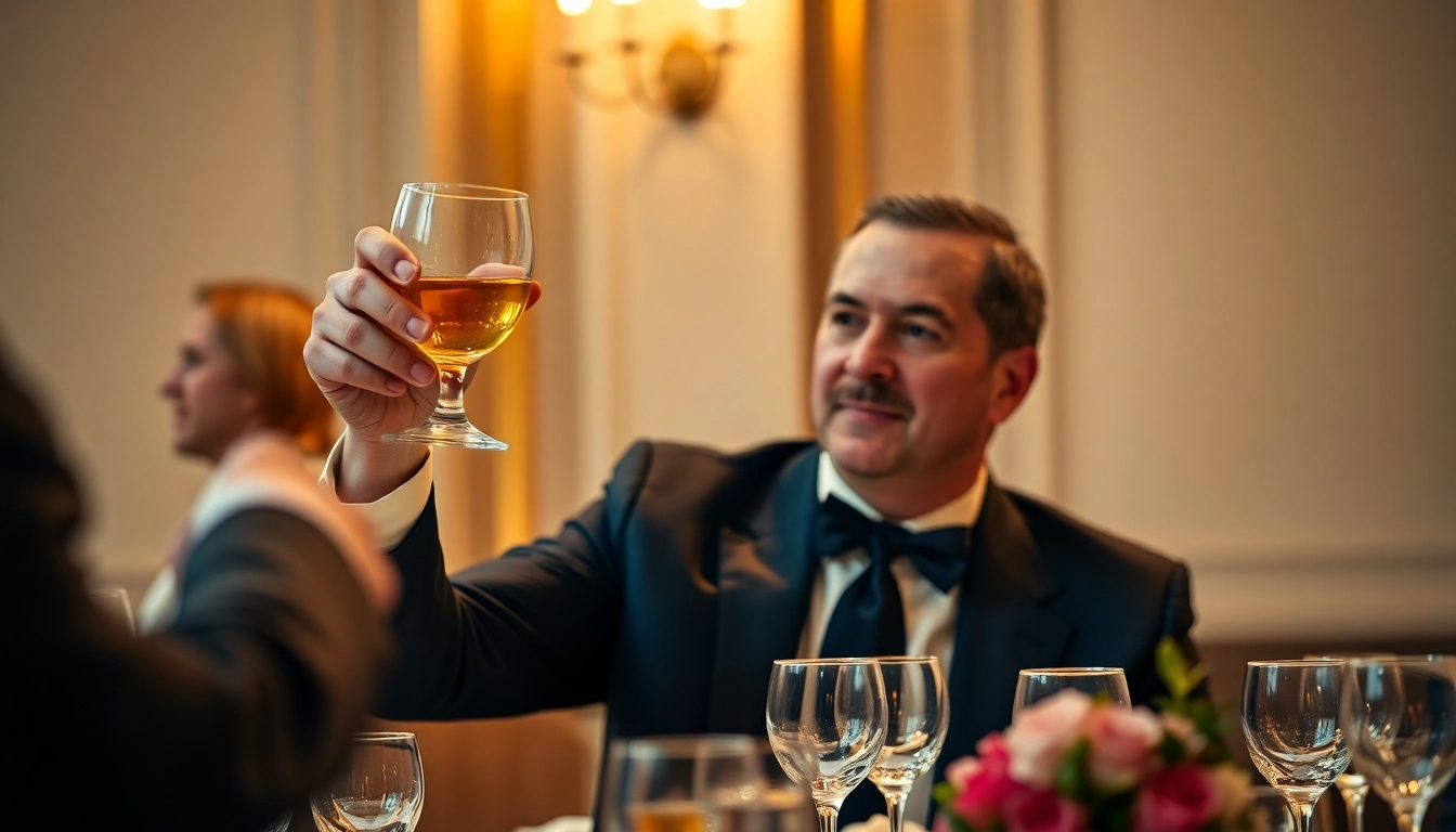 Celebrating with friends while giving a toast at a formal gathering.