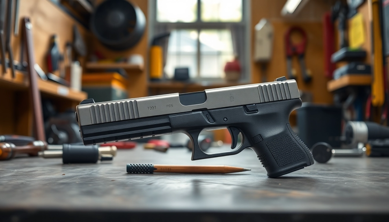 Showcase the glock 26 gen 5 slide in a professional workshop setting, highlighting its precision and quality.